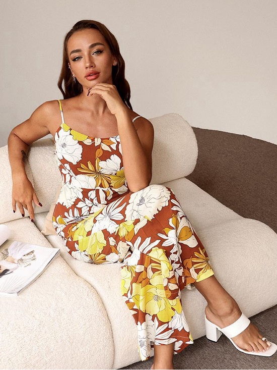 Cupshe Pants - Floral Spaghetti-Strap Wide-Leg Jumpsuit - Brown & Yellow